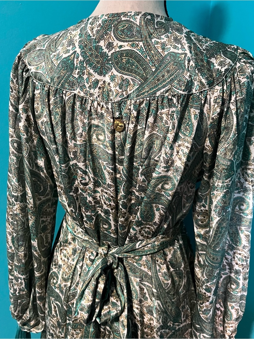 Pahiesa Formentera OS Green Print Long Sleeve Tie Back Handmade Silk Dress - Picture 7 of 8